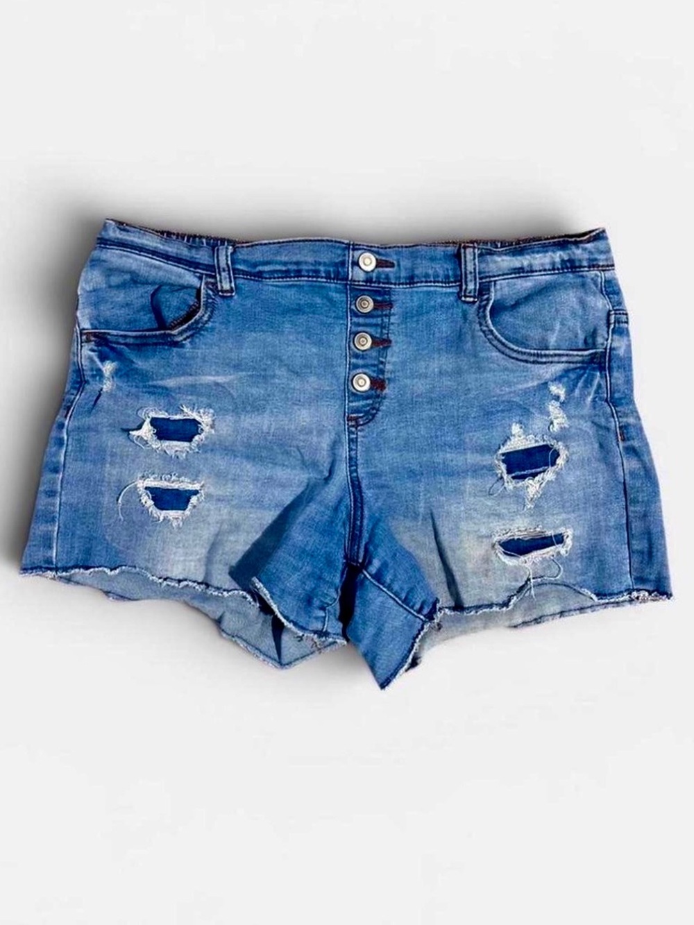 wonder nation Ripped High-Rise Button-Front Denim Shorts - Blue